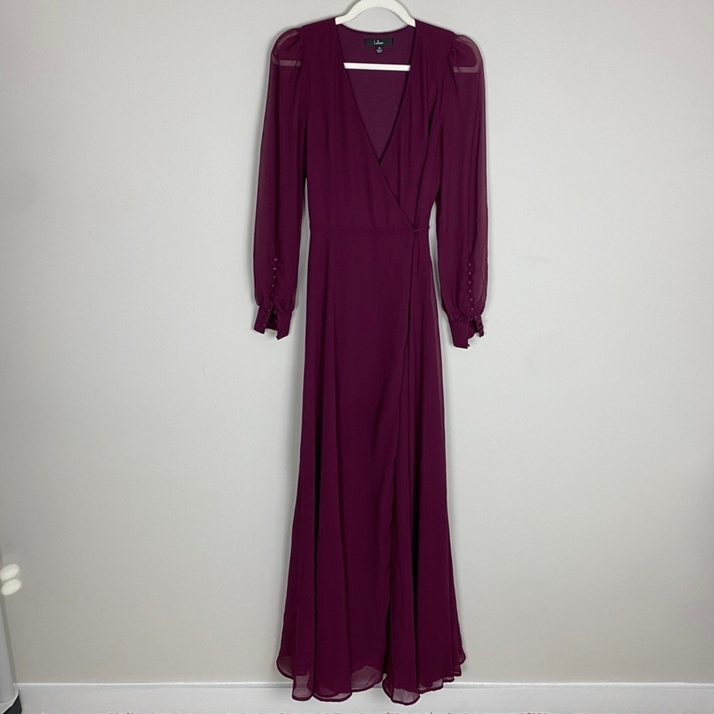 Lulus My Whole Heart Wrap Maxi Dress XS Purple Long Sleeve Chiffon Evening Gown